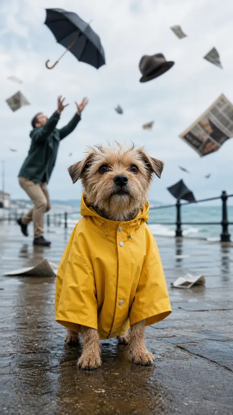 A calm terrier in a yellow raincoat during a seaside gale