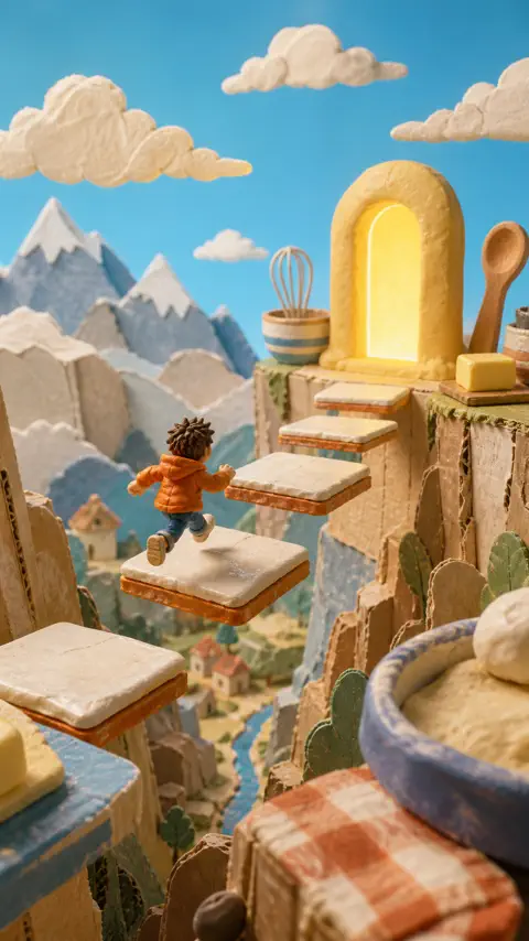 A handcrafted runner leaping through a stop-motion game world