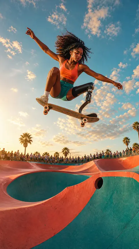 A skateboarder with a running prosthesis flying above a colorful bowl