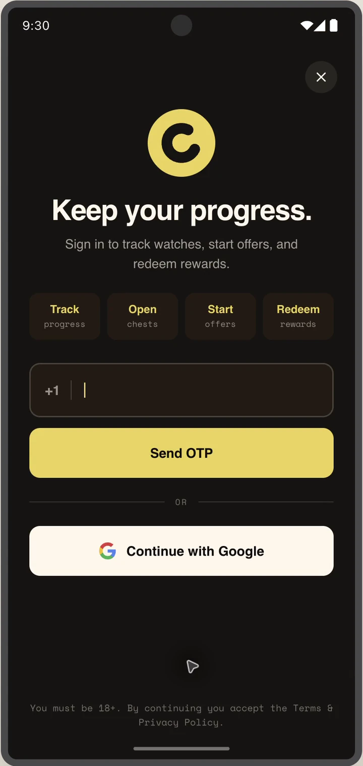 Phone sign-in screen with a phone number field and Send OTP action