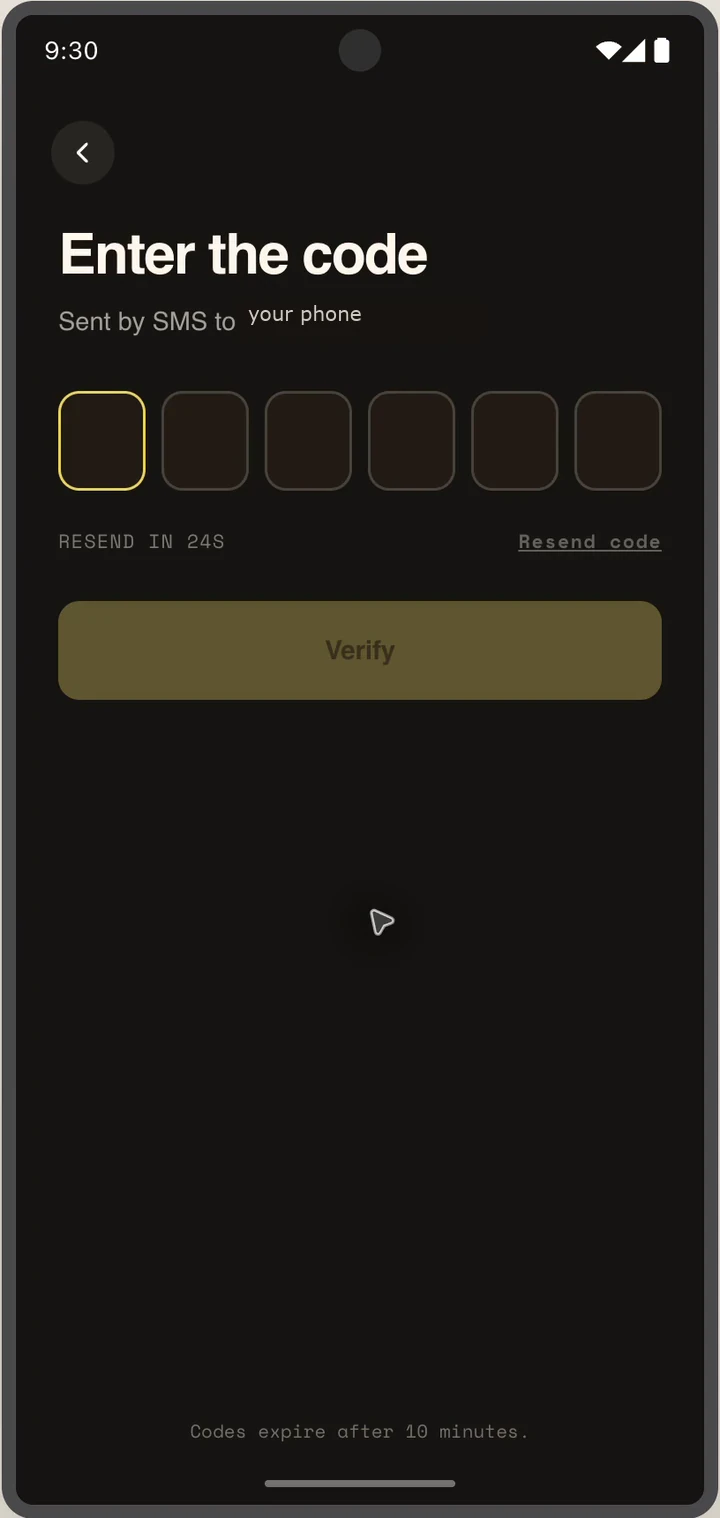 One-time code verification screen with six code fields
