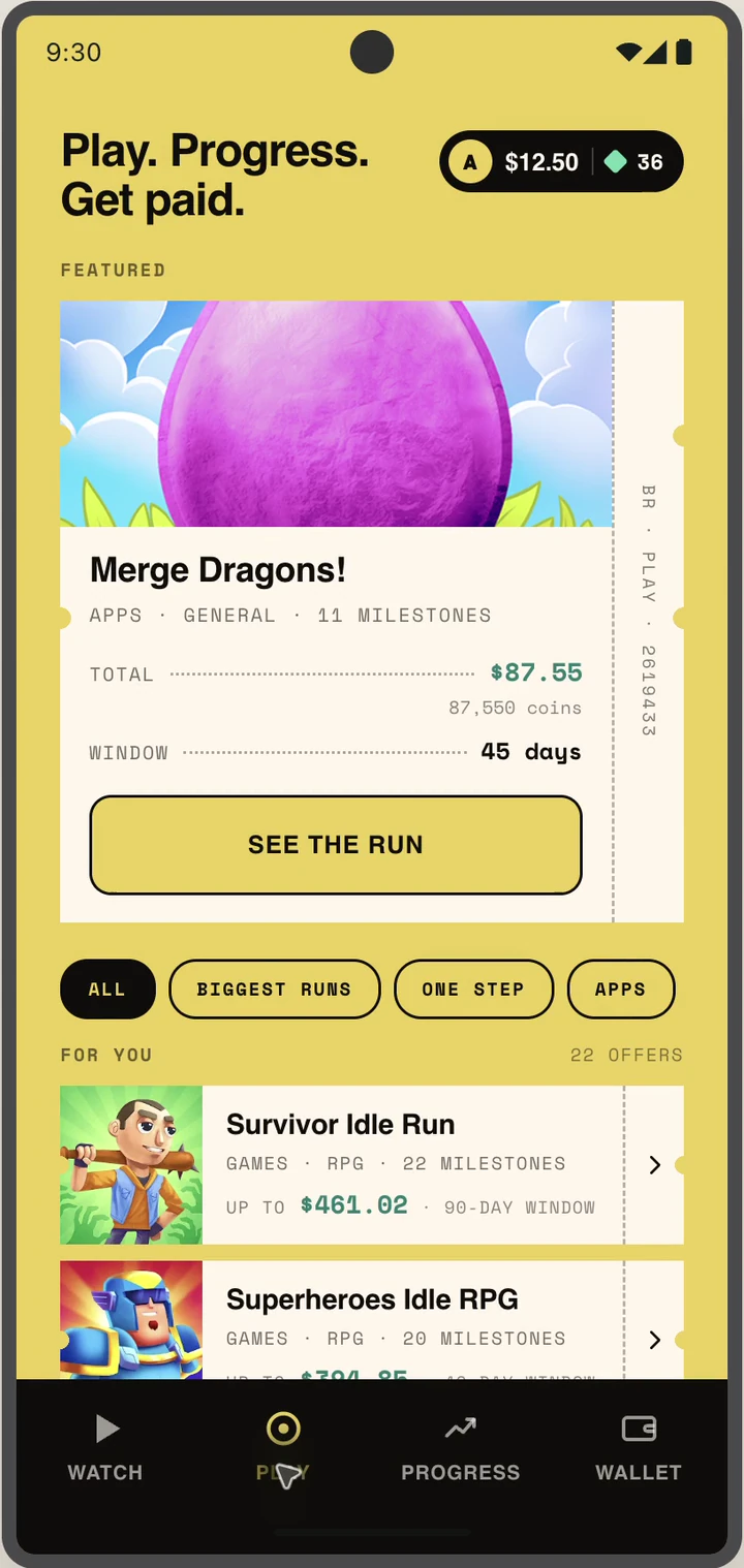 Play catalog featuring Merge Dragons and a list of available offers