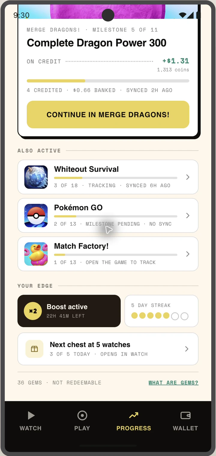 Scrolled Progress page showing the boost, streak, and next chest target
