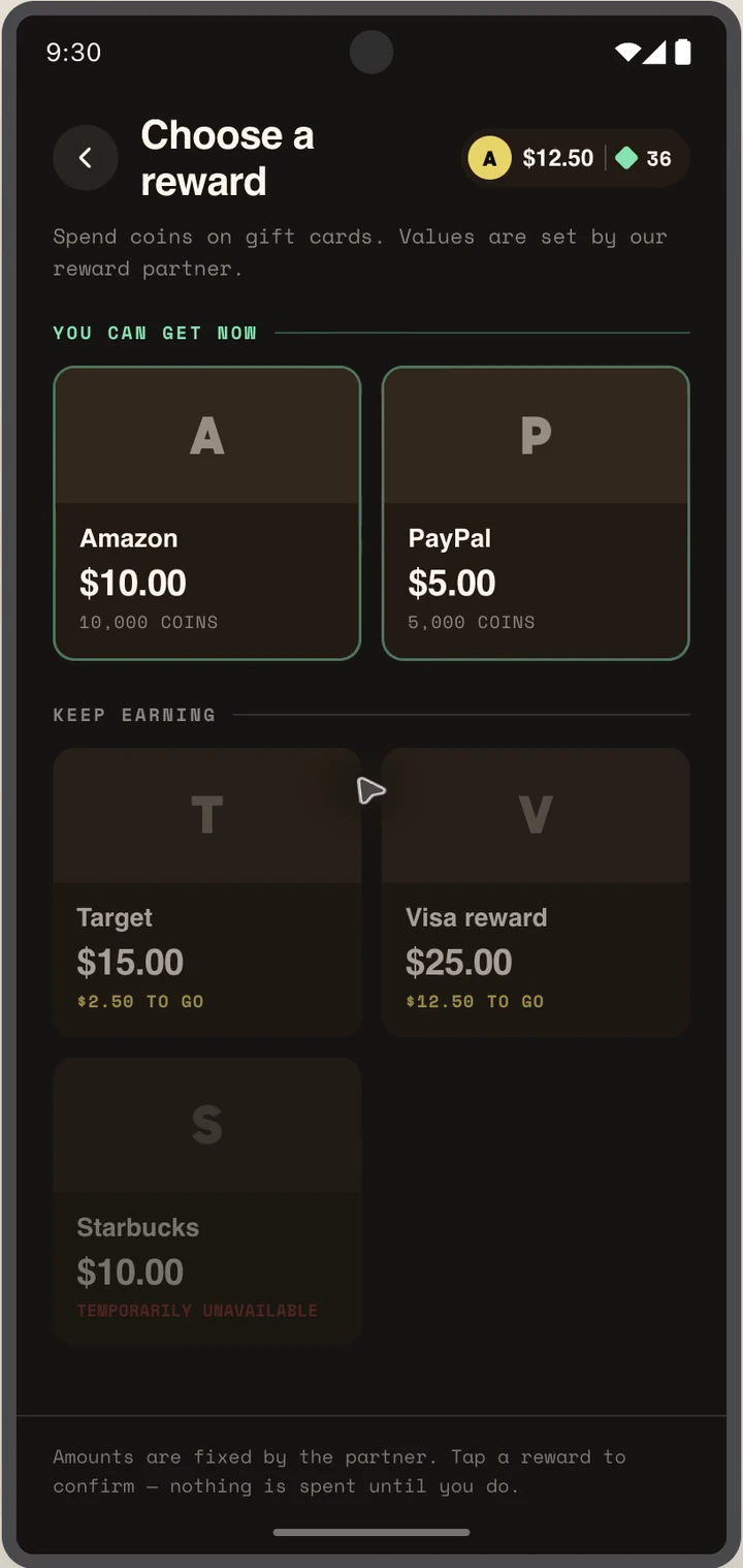 Reward catalog showing available Amazon and PayPal rewards and locked higher-value products