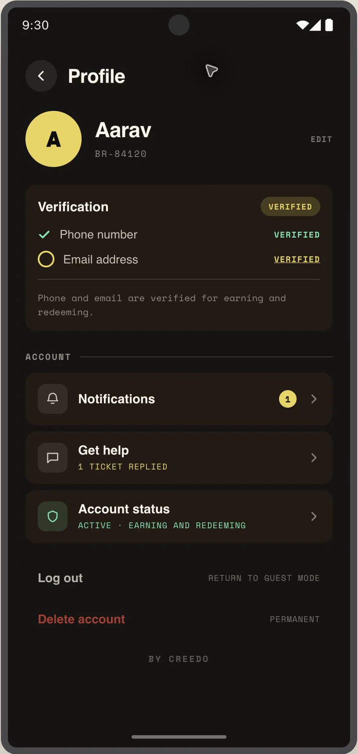 Profile page showing verification and account controls