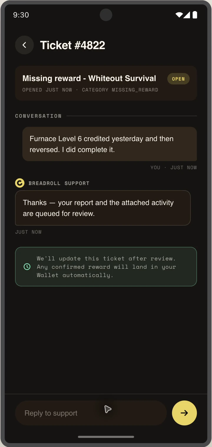 Support ticket thread showing the issue, Breadroll response, and review status