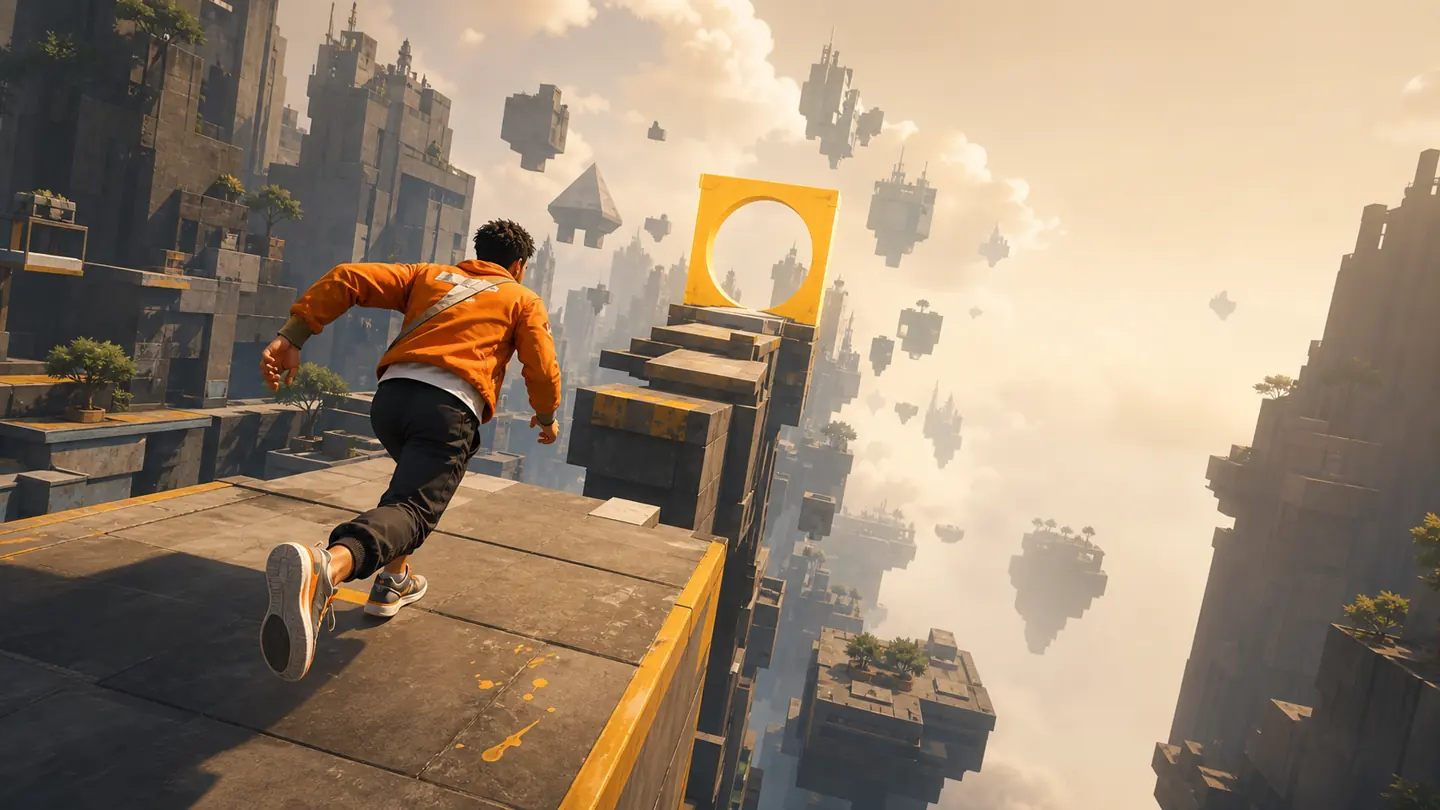 Runner game across a floating urban world
